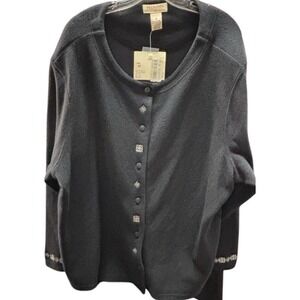 Vintage Bechamel II NWT Women's 3X Black Fleece Sweater Cardigan White Filigree